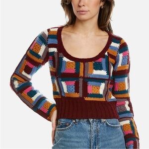 Sea New York Camryn Crochet Multicolor Patchwork Wool Sweater Maroon Boho sz L